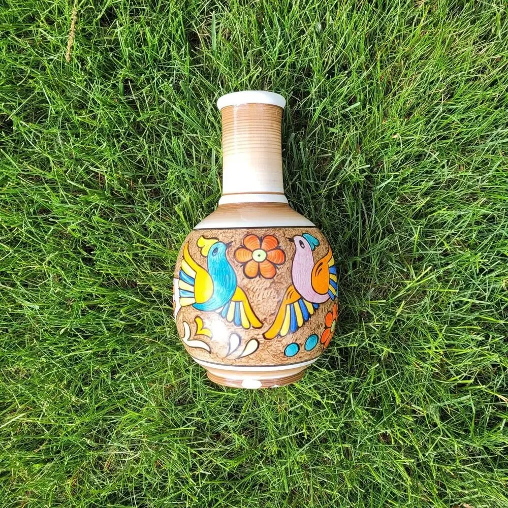 Hand Painted Folkart Floral Ceramic Vase with Birds 8 inch Cuernavaca Mexico